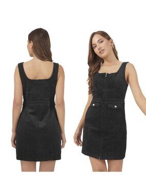 Denim Co. Tank Dress Womens Size 12 Black Corduroy Cotton Sleeveless Full Zip